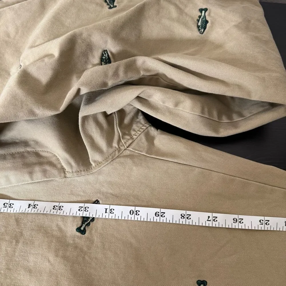 J Crew The Sutton Chino Pants Mens 33x32 Tan Straight Embroidered Fish Cotton
